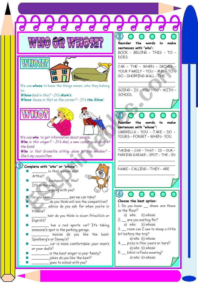 Who or whose?  explanation, examples and exercises [4 tasks] KEYS INCLUDED ((2 pages)) ***editable